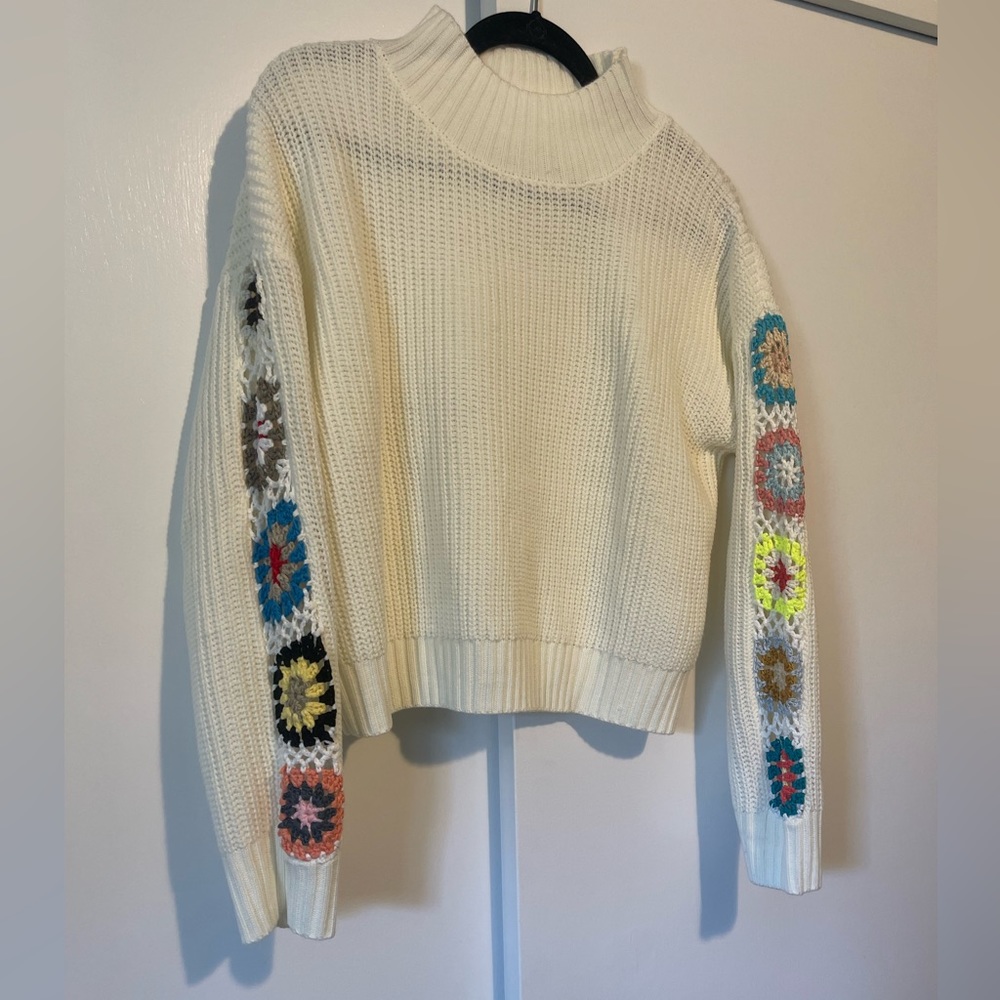 Cream/Floral Crochet Panel Mock Neck sweater by SHEIN